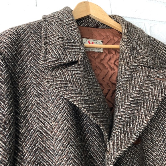 Vintage brown wool tweed herringbone oversize lined coat XL - Picture 5 of 14